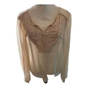 Sundance | Cream Sheer Pink Embroidered Long Sleeve Gauze Shirt | M